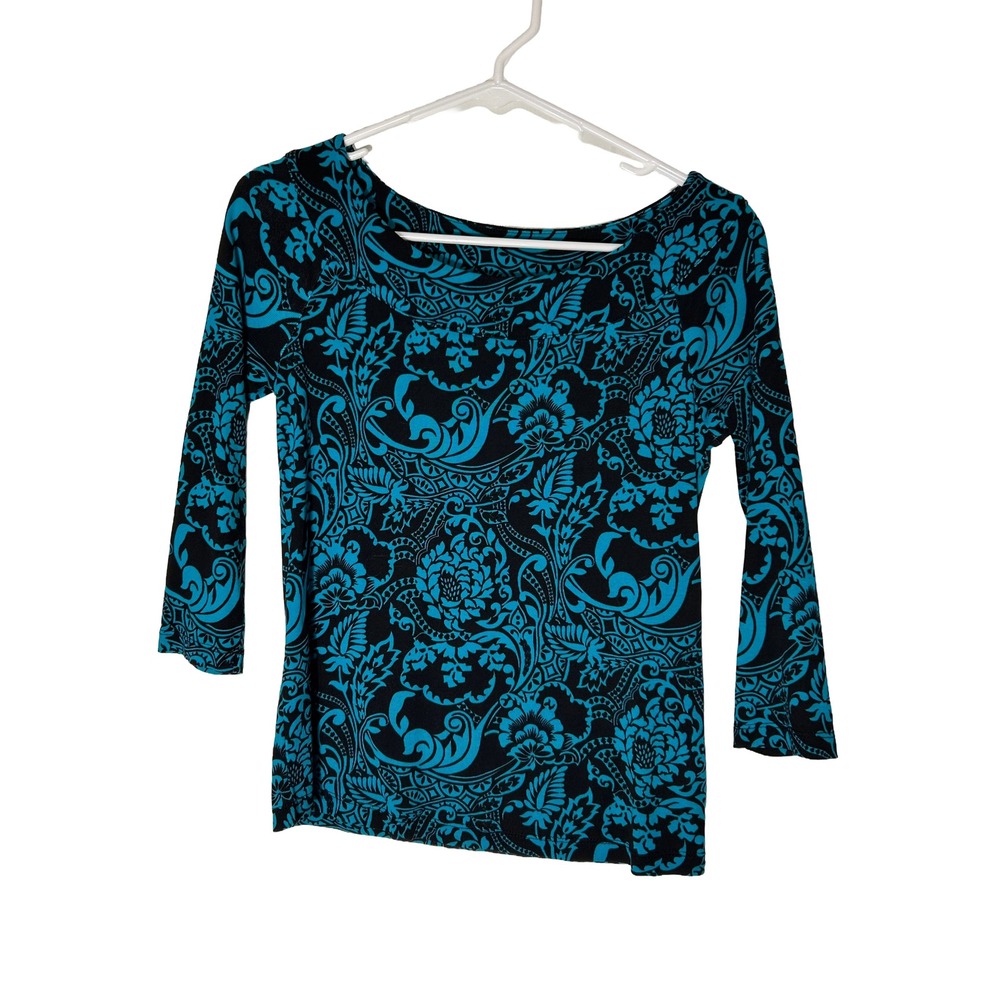 Rafaella Studio Teal Black Paisley Floral Boat Neck 3/4 Sleeve Cotton Top S